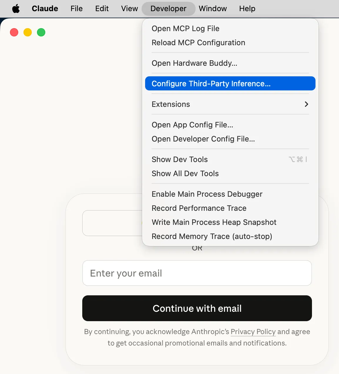 Menu Developer của Claude Desktop với Configure Third-Party Inference được làm nổi bật