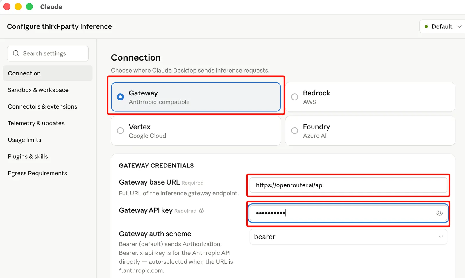 Bảng cấu hình third-party inference của Claude Desktop hiển thị Gateway được chọn cùng thông tin xác thực Trạm AI
